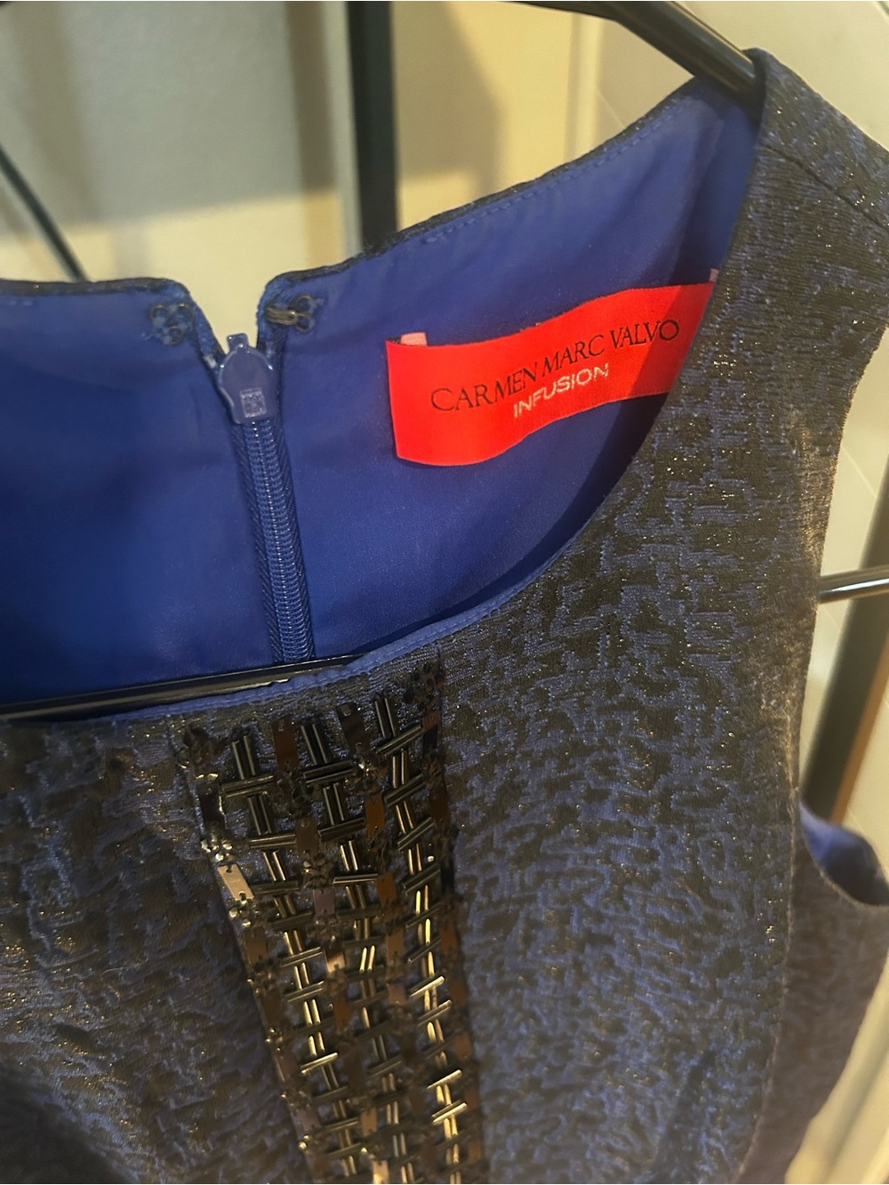 Carmen Marc Valvo Navy Textured Cocktail Dress with Beaded Placket - Picture 3 of 5